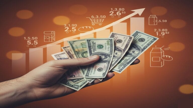 يد تحمل أوراقاً نقدية أمام رسم بياني لارتفاع الأسعار، توضح انخفاض القوة الشرائية وتعريف التضخم.