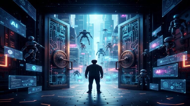 صورة لشخص يقف امام باب مفتوح يوئدي الي عالم ملئ بالروبوتات