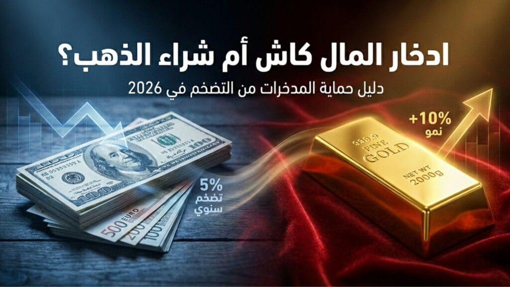 مقارنة بصرية بين تآكل العملة الورقية بنسبة 5% ونمو الذهب بنسبة 10% كحماية من التضخم في 2026.