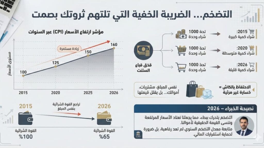 إنفوجرافيك يوضح ارتفاع مؤشر الأسعار CPI من 100 في 2015 إلى 160 في 2026 وتراجع القوة الشرائية إلى 65%.