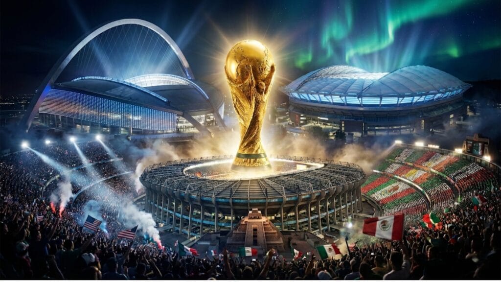 صورة ترويجية سينمائية لكأس العالم 2026 تُظهر كأس العالم الذهبي في المنتصف بإضاءة درامية، محاطًا بملاعب حديثة تمثل الولايات المتحدة وكندا والمكسيك، مع جماهير حاشدة وأجواء حماسية تعكس عظمة مونديال 2026.