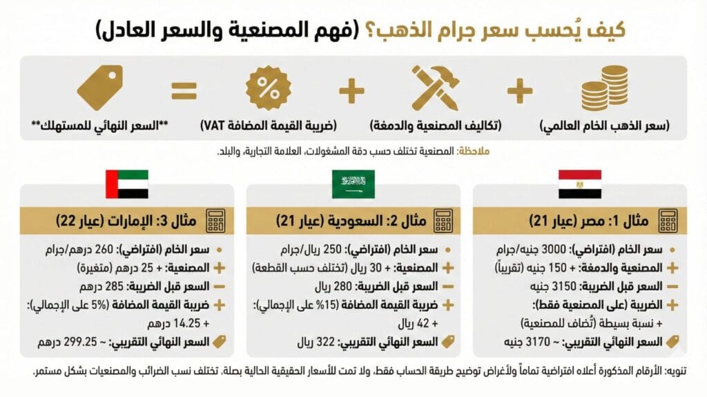 توضيح لكيفية حساب سعر جرام الذهب العادل عبر جمع سعر الذهب الخام، تكاليف المصنعية والدمغة، وضريبة القيمة المضافة (VAT).