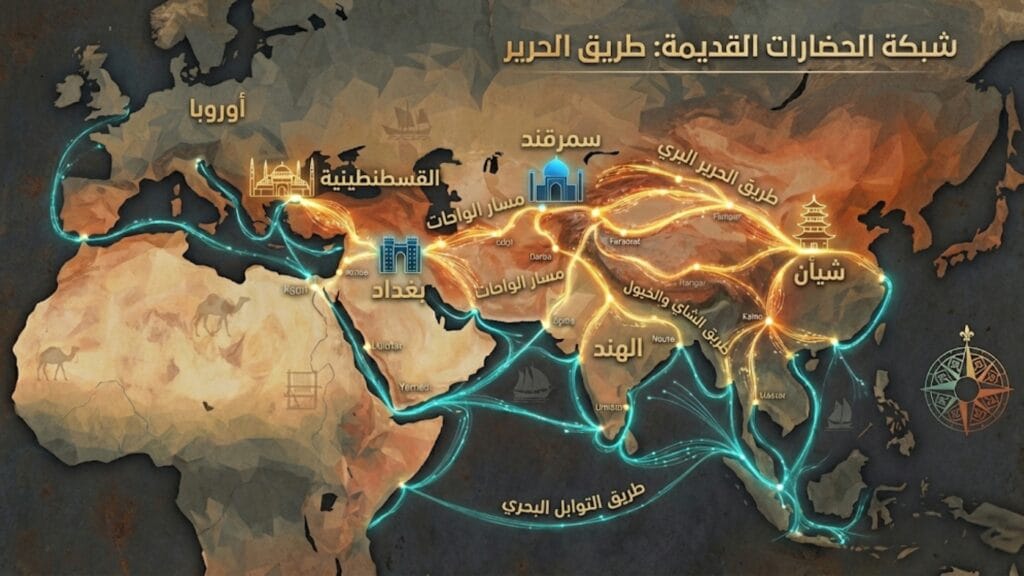 خريطة تاريخية لطريق الحرير تُظهر المسارات البرية والبحرية بين الصين وآسيا الوسطى والشرق الأوسط وأوروبا، مع المدن الرئيسية التي نشأت حولها الخانات والنُزل، والتي شكّلت الأساس التاريخي لظهور الفنادق على طرق السفر القديمة.