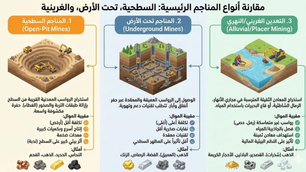 أنواع مناجم الذهب الرئيسية: دليل شامل للمقارنة بين التعدين السطحي والجوفي والغريني.