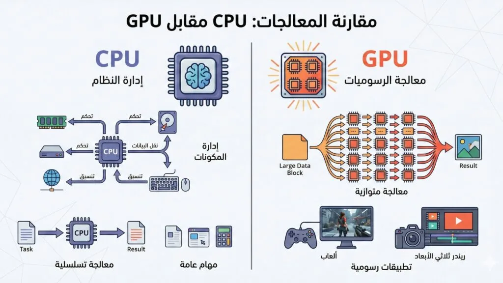 الفرق بين CPU و GPU في الألعاب والتصميم ومعالجة البيانات