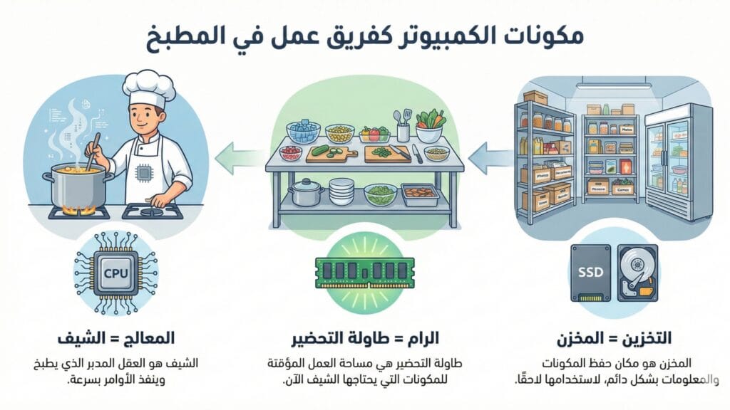 تشبيه المعالج CPU بالشيف والرام بطاولة التحضير لفهم طريقة عمل الكمبيوتر