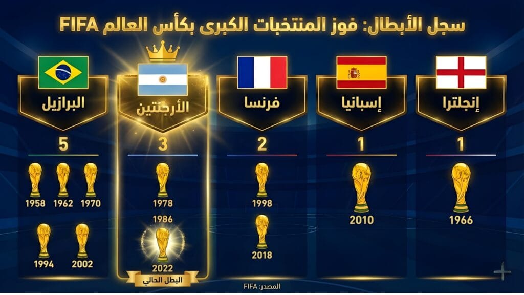 إنفوجرافيك يوضح سجل فوز المنتخبات الكبرى بكأس العالم FIFA، مع عدد الألقاب وسنوات التتويج لكل من البرازيل، الأرجنتين، فرنسا، إسبانيا، وإنجلترا.