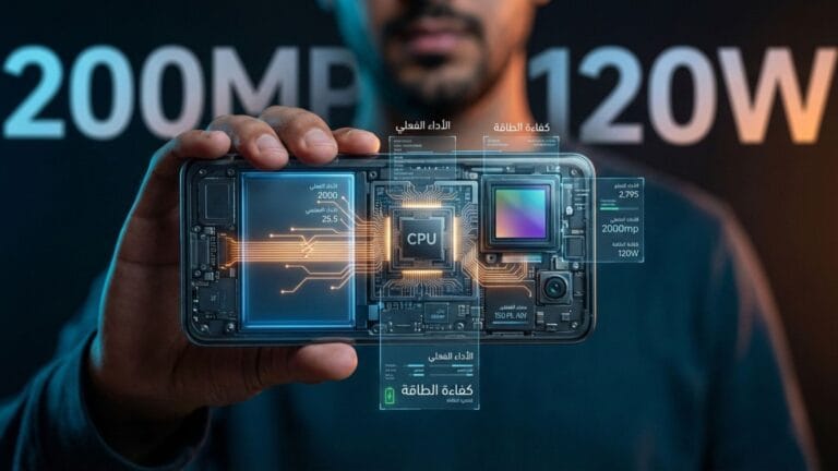 صورة هاتف ذكي تظهر مكوناته الداخلية مثل المعالج والكاميرا مع مقارنة بين الأرقام التسويقية والأداء الفعلي.