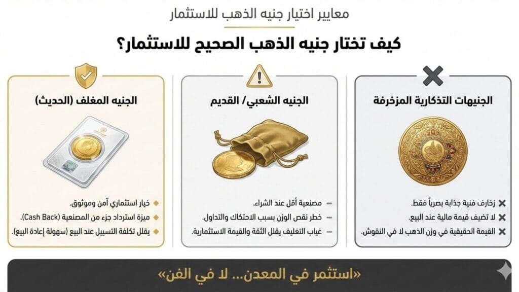 إنفوجراف يوضح الفرق بين جنيه الذهب المغلف والجنيه الشعبي والعملات الذهبية التذكارية للاستثمار.