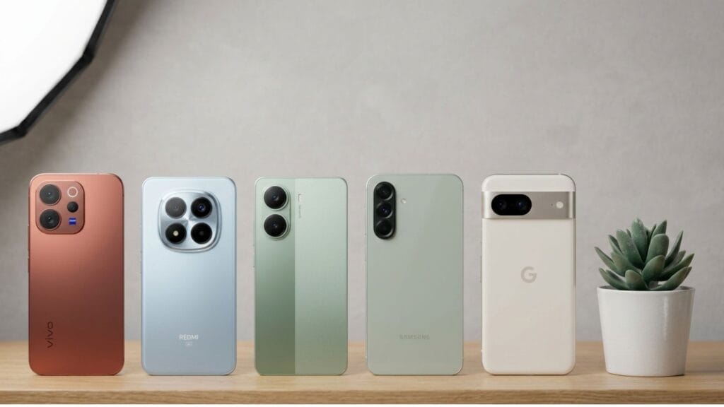 مجموعة من أفضل الهواتف الذكية للفئة المتوسطة لعام 2026 تشمل هواتف فيفو، ريدمي، سامسونج، وجوجل بكسل مصطفة على طاولة خشبية.