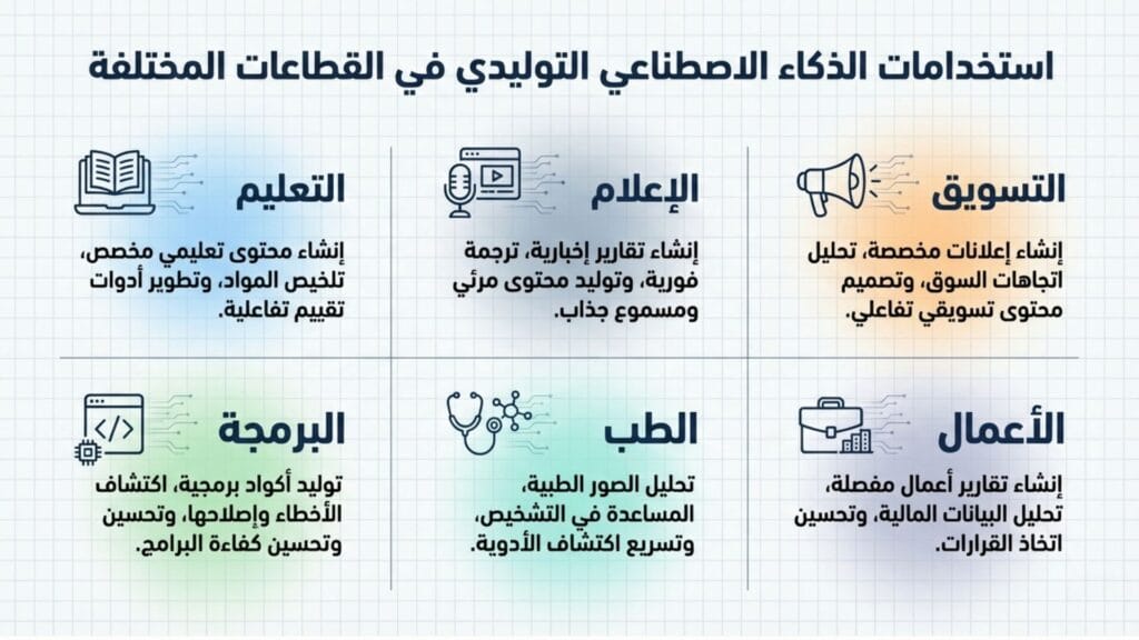إنفوجرافيك يوضح تطبيقات الذكاء الاصطناعي التوليدي في ستة قطاعات رئيسية: التعليم، الإعلام، التسويق، البرمجة، الطب، والأعمال، مع أمثلة لكل قطاع.