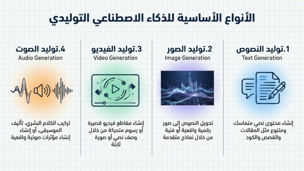 مخطط يوضح الأنواع الأربعة للذكاء الاصطناعي التوليدي: توليد النصوص، توليد الصور، توليد الفيديو، وتوليد الصوت، مع شرح مختصر لكل نوع.