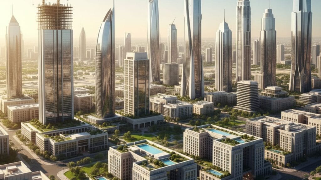 رسم توضيحي واقعي لناطحات سحاب حديثة ومناطق سكنية فاخرة في منطقة الخليج، تعبر عن الاستثمار العقاري والنمو الاقتصادي في مدن مثل دبي والرياض.