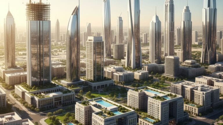 رسم توضيحي واقعي لناطحات سحاب حديثة ومناطق سكنية فاخرة في منطقة الخليج، تعبر عن الاستثمار العقاري والنمو الاقتصادي في مدن مثل دبي والرياض.