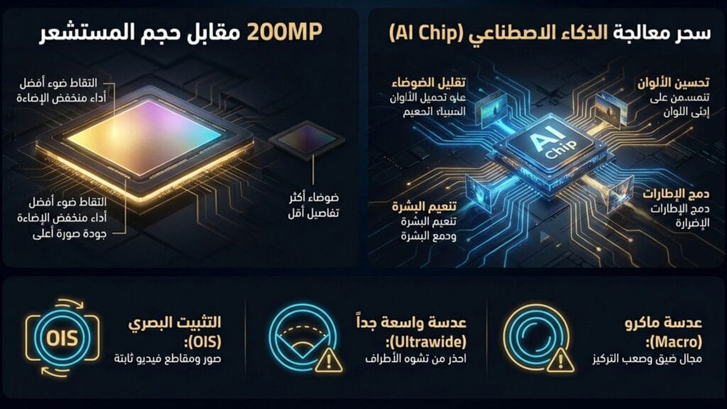 إنفوجرافيك يشرح الفرق بين دقة 200 ميجابكسل وحجم المستشعر في كاميرات الهواتف ودور معالجة الذكاء الاصطناعي والعدسات.