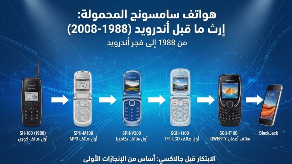 إنفوجرافيك يستعرض تطور هواتف سامسونج المحمولة من SH-100 إلى بلاك جاك قبل عصر الجالاكسي.