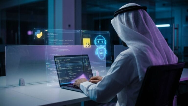 شاب عربي يرتدي الزي التقليدي يجلس أمام لابتوب في مكتب ليلي حديث، محاطاً بشاشات هولوجرام زرقاء تعرض أكواد برمجية (Python وJavaScript) وأيقونة مساعد ذكاء اصطناعي.