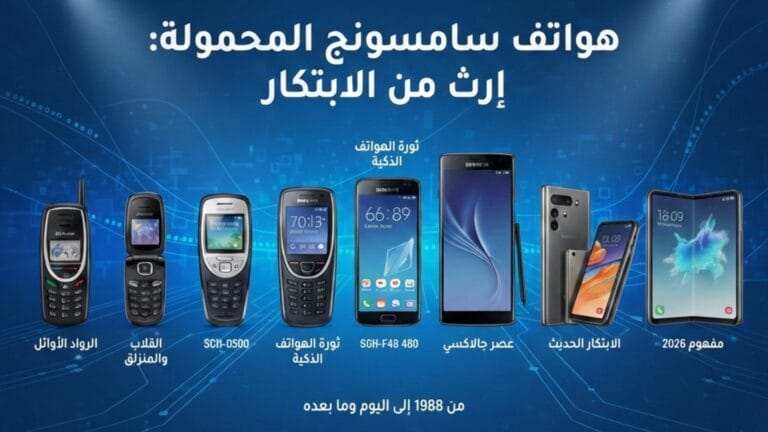 رسم توضيحي يظهر رحلة تطور هواتف سامسونج المحمولة من عام 1988 إلى عام 2026، من الهواتف التقليدية والقلابة إلى عصر جالكسي والهواتف القابلة للطي.