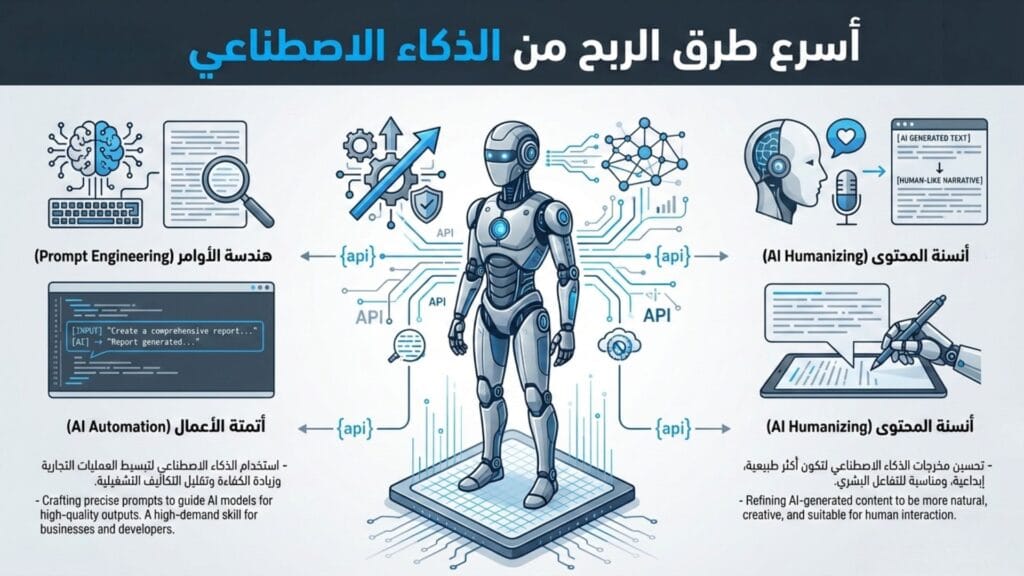إنفوجرافيك يوضح مجالات العمل في الذكاء الاصطناعي مثل هندسة الأوامر وأنسنة المحتوى.
