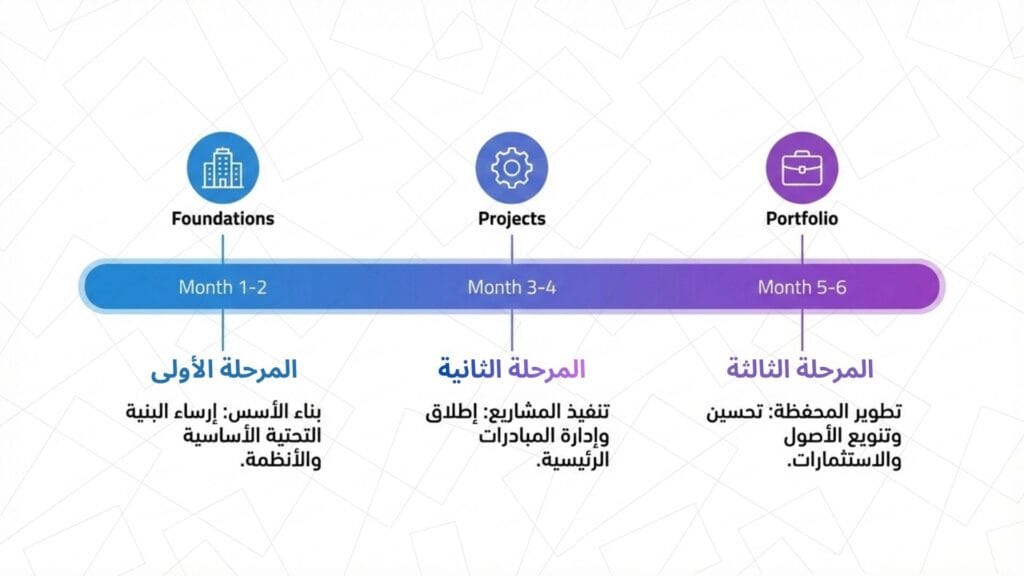 رسم بياني يوضح مراحل الخطة العملية من الشهر الأول إلى السادس: بناء الأسس، تنفيذ المشاريع، وتطوير المحفظة.