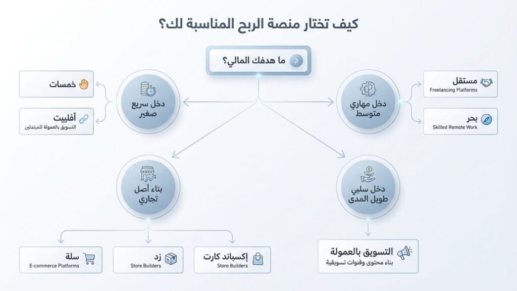 مخطط توضيحي (Flowchart) يشرح كيفية اختيار منصة الربح بناءً على الهدف المالي، يضم منصات مثل مستقل، سلة، وخمسات.