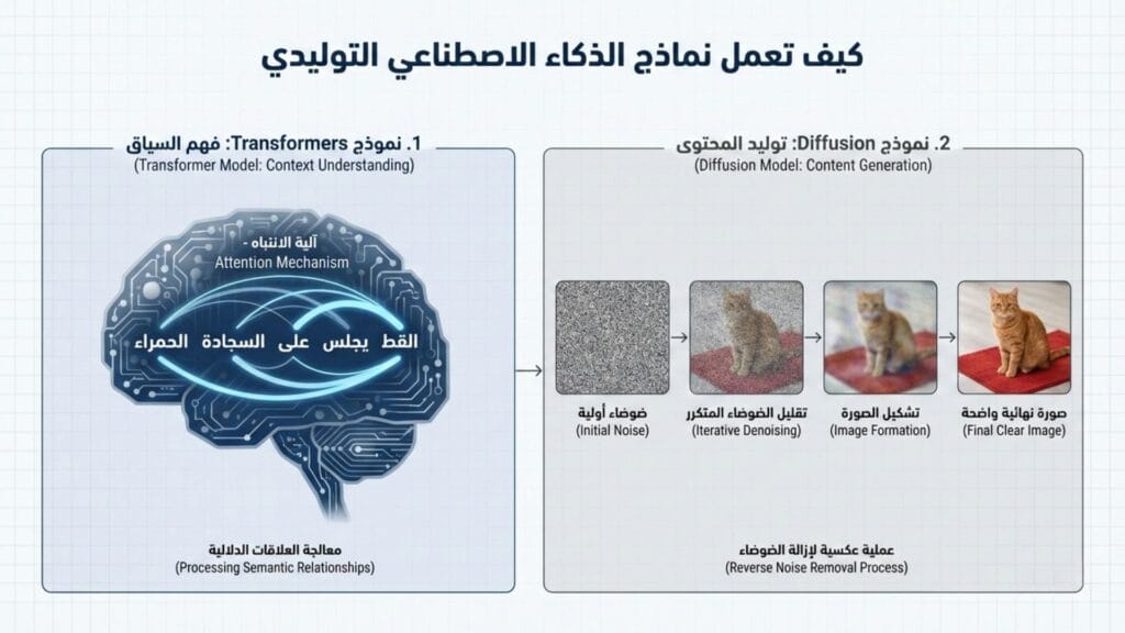 مخطط تقني يشرح عمل نماذج المحولات (Transformers) في فهم السياق ونماذج الانتشار (Diffusion) في تحويل الضوضاء إلى صور واضحة.