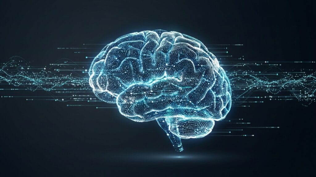 تمثيل رقمي مجرد للدماغ البشري مكون من نقاط ضوئية وشبكة بيانات على خلفية زرقاء داكنة، بأسلوب صحفي حديث.