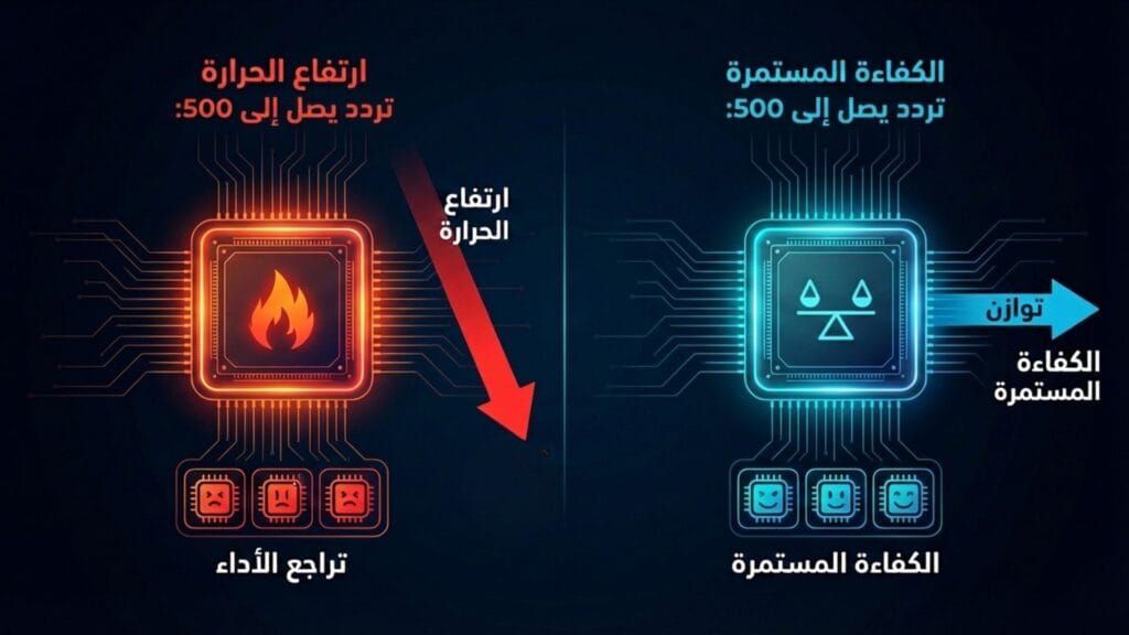 رسم توضيحي يقارن بين الأداء المستقر للمعالج وبين تراجع الأداء نتيجة ارتفاع الحرارة Throttling.