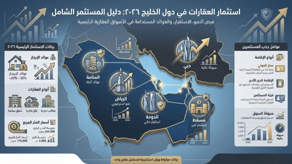 إنفوجرافيك يوضح دليل المستثمر الشامل للعقارات في دول الخليج لعام 2026، يشمل بيانات الاستثمار في دبي، الرياض، الدوحة، المنامة، ومسقط.