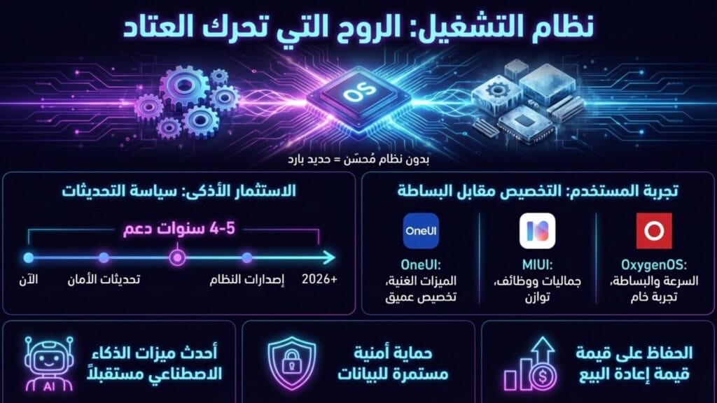إنفوجرافيك تقني يوضح أهمية نظام التشغيل كروح للعتاد ومقارنة بين واجهات OneUI و MIUI و OxygenOS مع سياسة التحديثات حتى عام 2026.