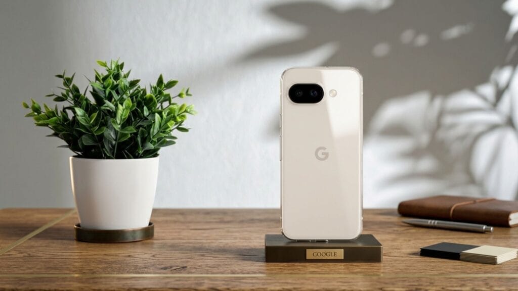 هاتف Google Pixel 9a يظهر بتصميم كاميرا أفقي مزدوج باللون الأبيض الكريمي على قاعدة مكتبية.