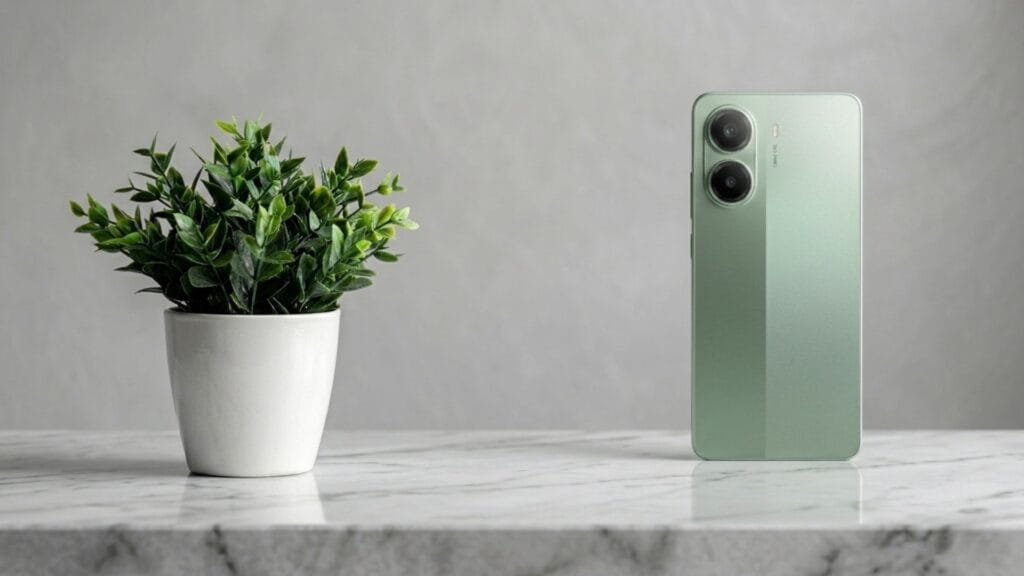 هاتف POCO X7 Pro بلون أخضر فاتح وتصميم كاميرات دائرية كبيرة على سطح رخامي.