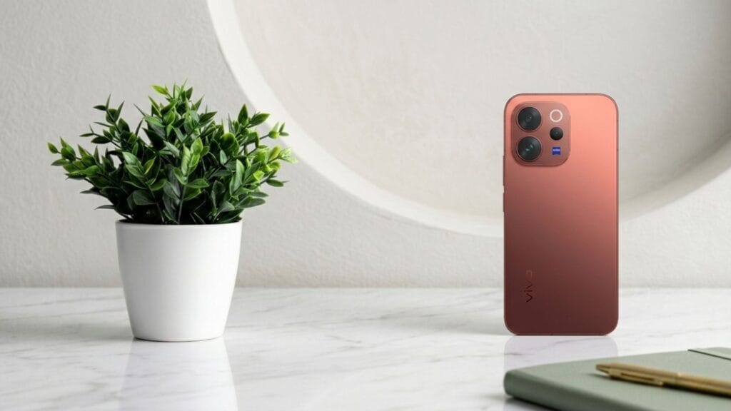 الجهة الخلفية لهاتف فيفو Vivo V70 بلون برتقالي مميز مع كاميرا ZEISS بجانب نبتة منزلية.