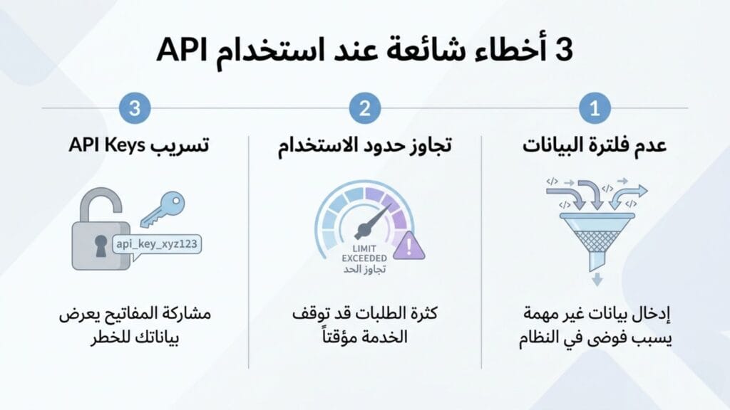 إنفوجرافيك يستعرض أهم 3 أخطاء عند ربط واجهة برمجة التطبيقات API: عدم فلترة البيانات، تجاوز حدود الاستخدام، وتسريب مفاتيح API Keys.