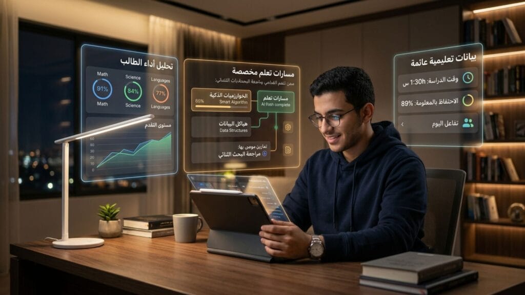 طالب عربي يدرس في منزله باستخدام جهاز لوحي متصل بشاشات عرض شفافة هولوغرافية (Holographic Displays) تُظهر لوحات بيانات لـ تطبيقات الذكاء الاصطناعي في التعليم من أجل التعلم المخصص بالذكاء الاصطناعي.