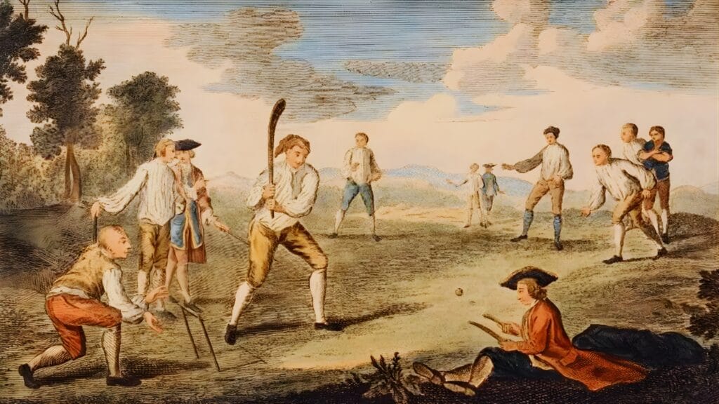 نقش تاريخي ملون من القرن الثامن عشر يصور مشهدًا نشطًا لأصول لعبة الكريكيت المبكرة، مع لاعبين يرتدون ملابس الجورجية في حقل مفتوح. يظهر لاعب يضرب بمضرب منحني، وثلاث جذوع كوات (Wickets) واضحة، ورجل جالس يسجل النتائج، ومجموعة من اللاعبين الآخرين في الميدان تحت سماء غائمة
