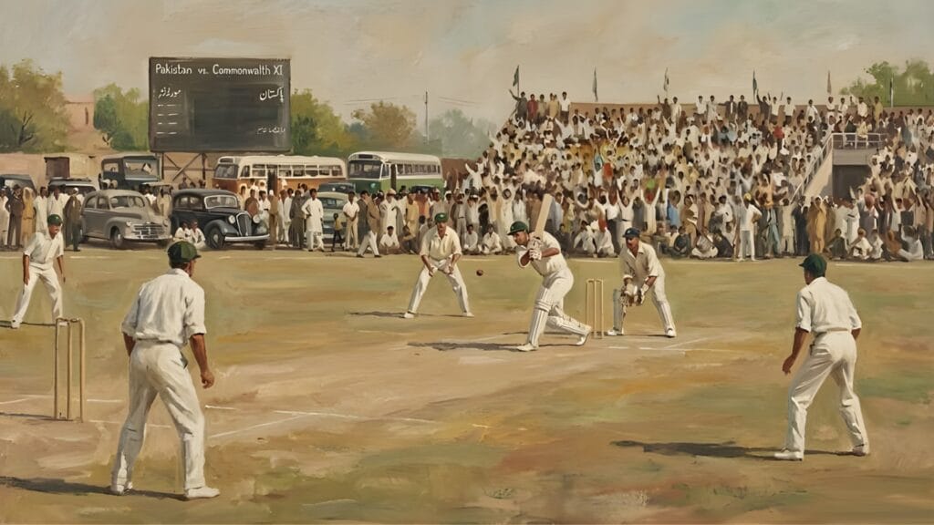 لوحة فنية تاريخية بالزيت تصور مباراة كريكيت في منتصف الحركة بين فريق باكستان ومنتخب الكومنولث (Commonwealth XI). يظهر الضارب يضرب الكرة، ورامٍ وثلاثة ميدانيين بملابس كلاسيكية بيضاء. في الخلفية لوحة نتائج قديمة مكتوب عليها 'Pakistan vs. Commonwealth XI' وجمهور كثيف على مدرجات ترابية مدرجة، مع سيارات عتيقة وأعلام مرفوعة، تعكس حقبة الخمسينيات أو الستينيات في باكستان.