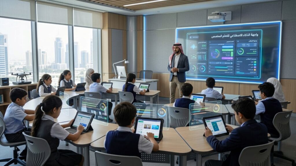 طلاب في فصل دراسي ذكي يستخدمون أجهزة لوحية معروض عليها لوحات بيانات (Dashboards) مدعومة بـ تطبيقات الذكاء الاصطناعي في التعليم للتعلم المخصص.