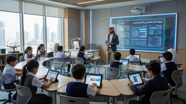 طلاب في فصل دراسي ذكي يستخدمون أجهزة لوحية معروض عليها لوحات بيانات (Dashboards) مدعومة بـ تطبيقات الذكاء الاصطناعي في التعليم للتعلم المخصص.