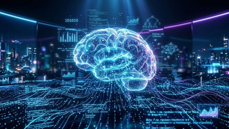 رسم توضيحي لدماغ رقمي مشع محاط ببيانات برمجية ورسوم بيانية لتعلم الآلة.