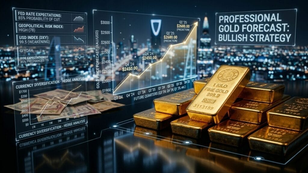 رسم بياني لثلاثة سيناريوهات لتوقعات أسعار الذهب حتى عام 2030: المتفائل، الأساسي، والمتشائم.