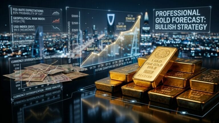 رسم بياني لثلاثة سيناريوهات لتوقعات أسعار الذهب حتى عام 2030: المتفائل، الأساسي، والمتشائم.