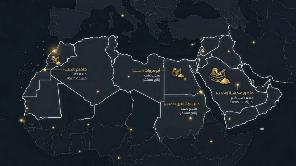 خريطة مناجم الذهب في الوطن العربي 2026 تشمل منجم منصورة ومسرة في السعودية وحلايب وشلاتين في مصر.