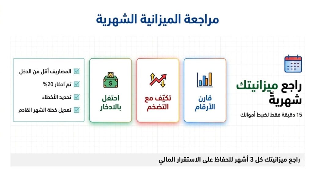 إنفوجرافيك يشرح خطوات مراجعة الميزانية الشهرية: قارن الأرقام، تكيّف مع التضخم، واحتفل بالادخار.
