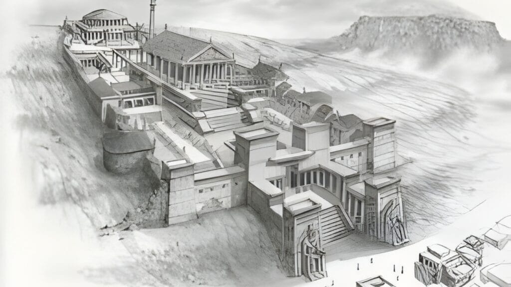 رسم تخيلي بالأبيض والأسود لمكتبة ومتحف الإسكندرية قديما