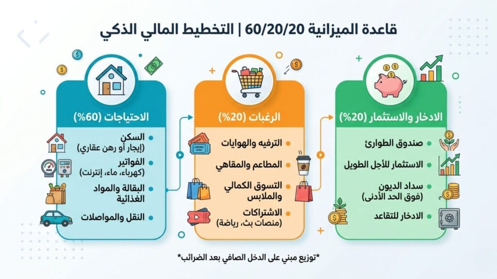 إنفوجرافيك يشرح قاعدة الميزانية 60/20/20 لتقسيم الدخل والادخار والاستثمار.