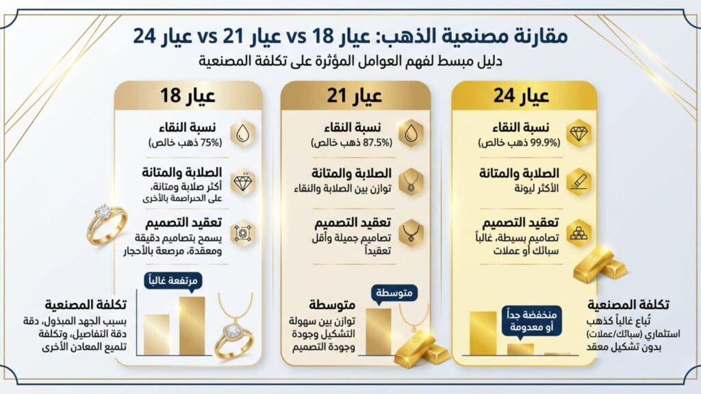 إنفوجرافيك يوضح مقارنة مصنعية الذهب بين عيار 18 و21 و24.