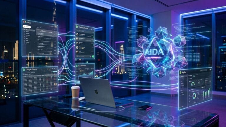 واجهة توضح ربط تطبيقات Gmail وShopify وWhatsApp عبر واجهة برمجة التطبيقات API بدون برمجة.