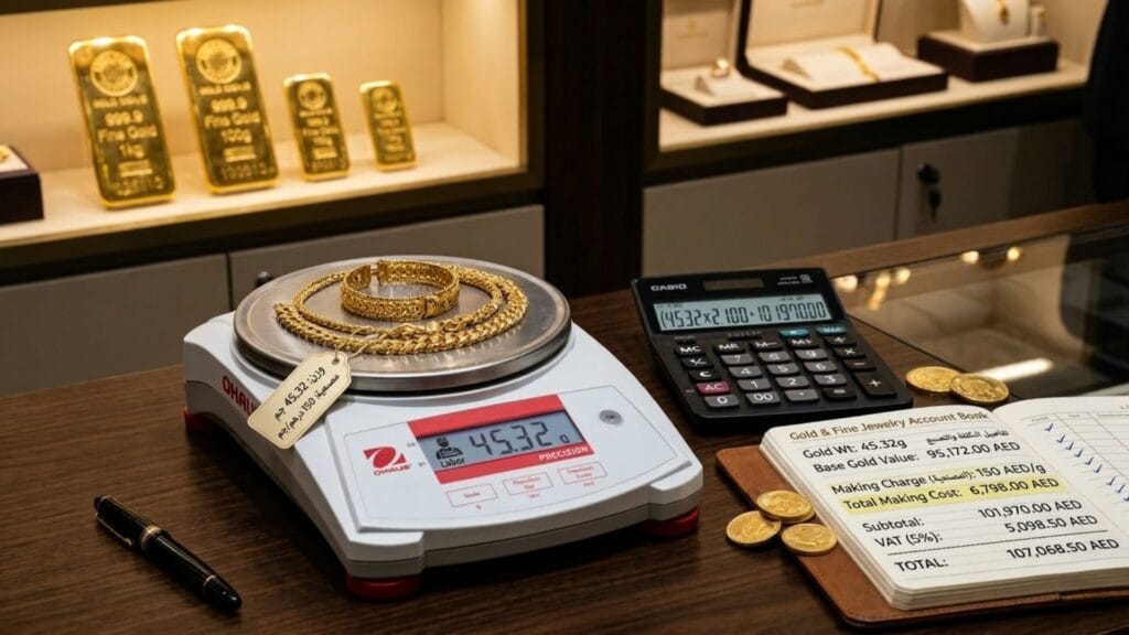 ميزان إلكتروني يعرض وزن مشغولات ذهبية مع دفتر حسابات يوضح تفاصيل حساب المصنعية وضريبة القيمة المضافة.