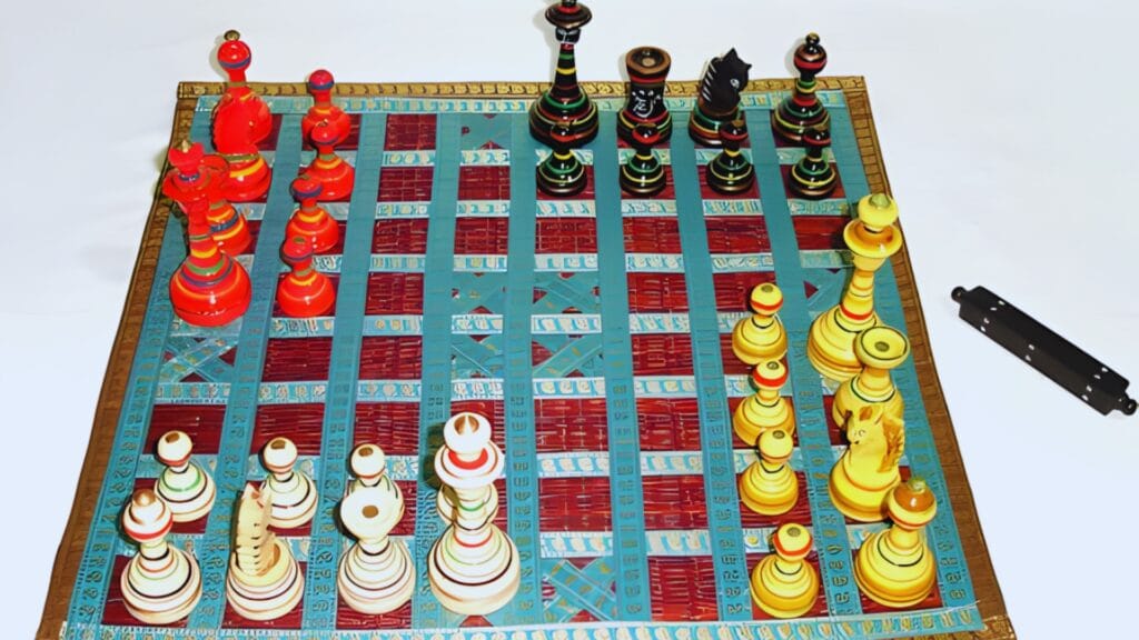 لوحة لعبة تشاتورانجا التقليدية مع قطع ملونة مرتبة على الرقعة، تمثل الشكل القديم للعبة الشطرنج التاريخية